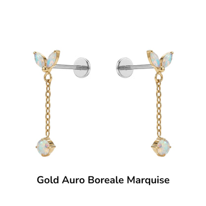 titanium flat back earrings Auro Boreale marquise and gold chains on a white background