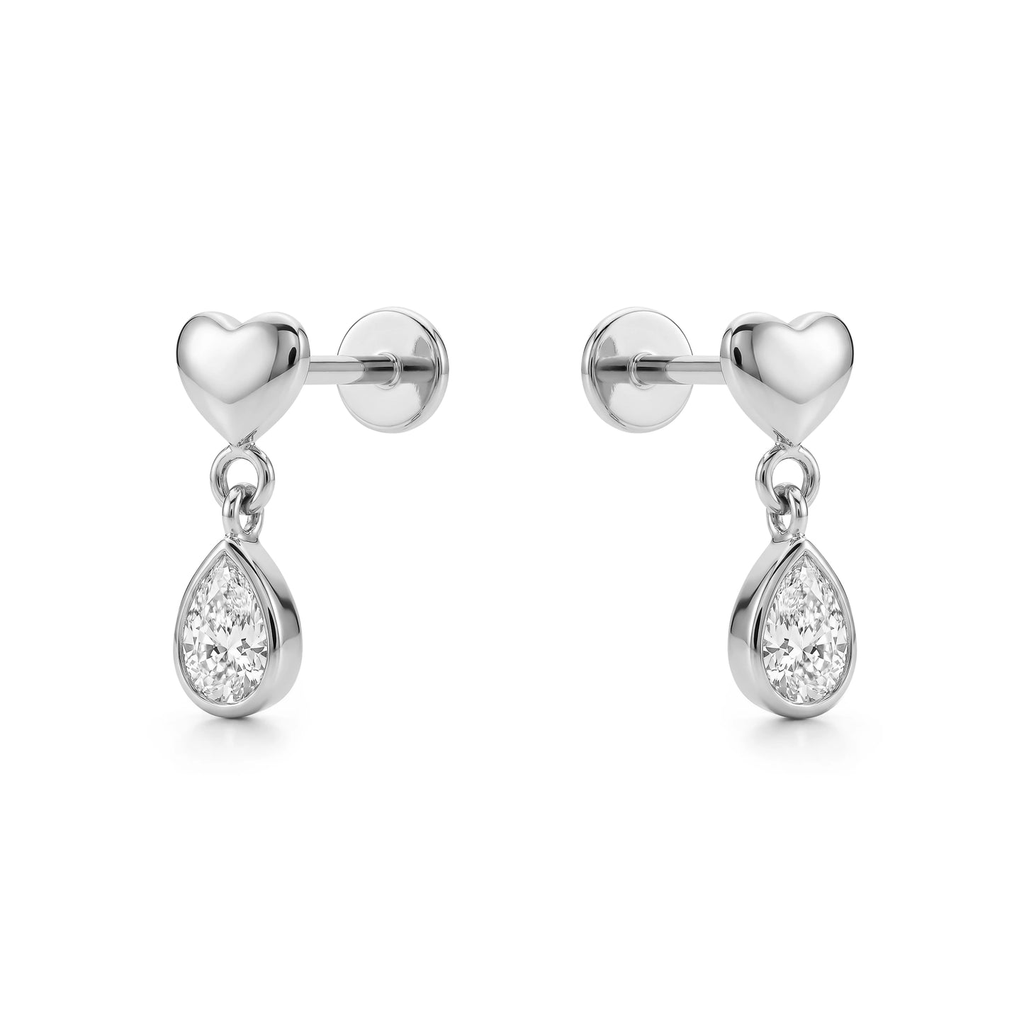 Pair of titanium earrings with heart and teardrop hanging gem on a white background