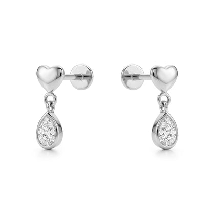 Pair of titanium earrings with heart and teardrop hanging gem on a white background