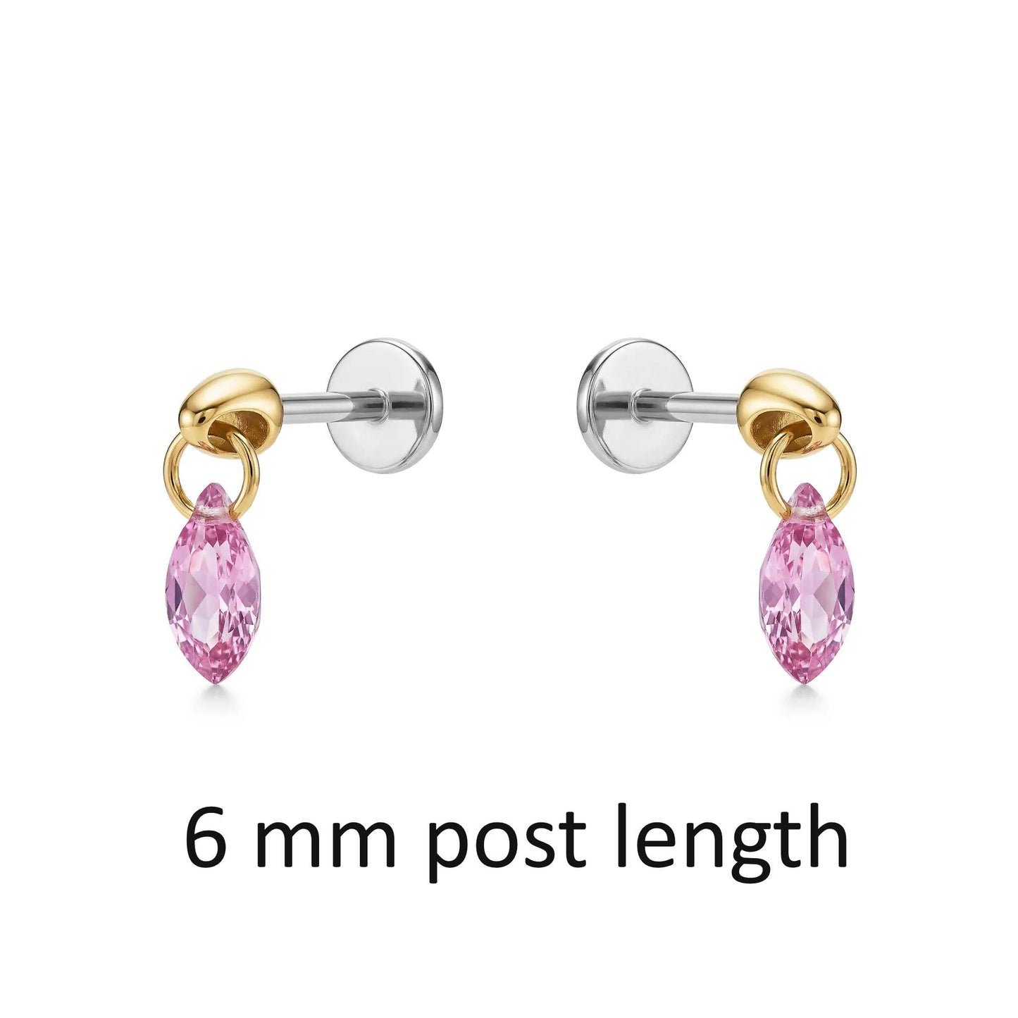 Pair of titanium flat back earrings with pink gemstones and gold accents on 6 mm post lengths on a white background