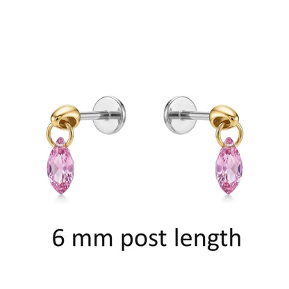 Pair of titanium flat back earrings with pink gemstones and gold accents on 6 mm post lengths on a white background