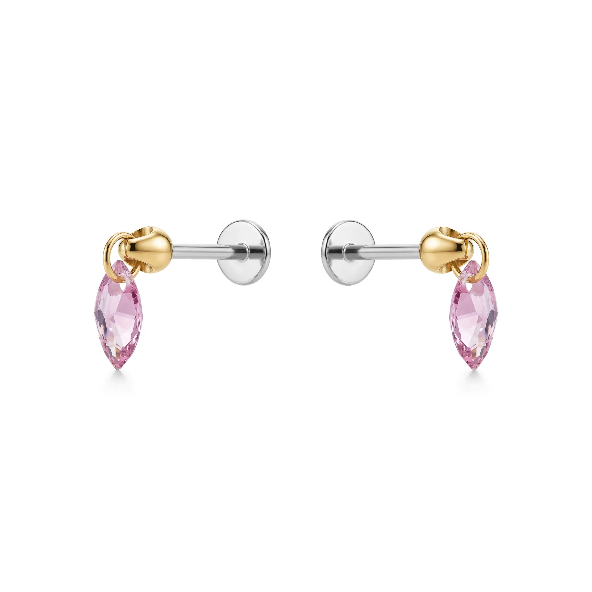Hanging Marquise Pink flat back earrings gemstone on a white background 