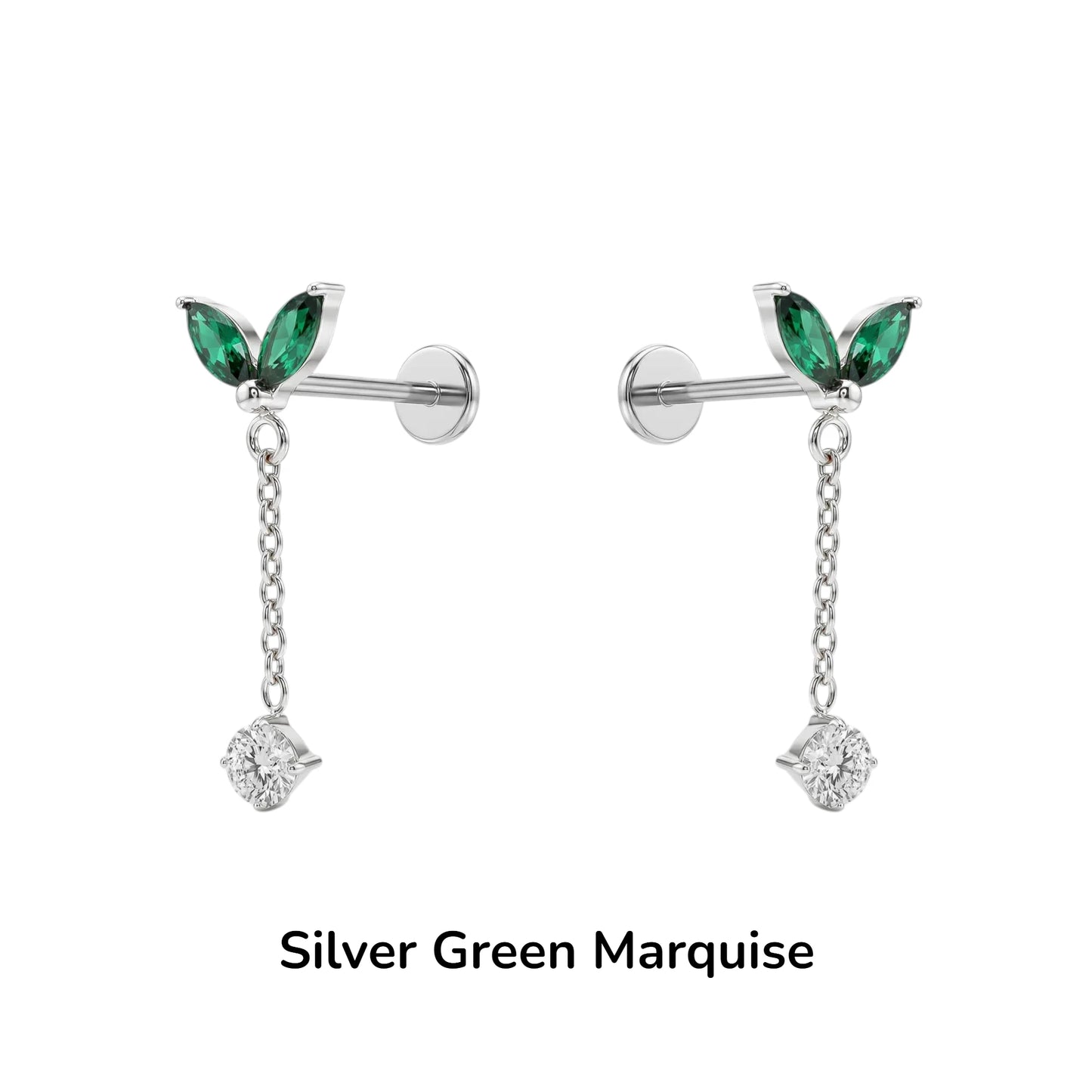 titanium flat back earrings green  leaf like tops and silver chains on a white background