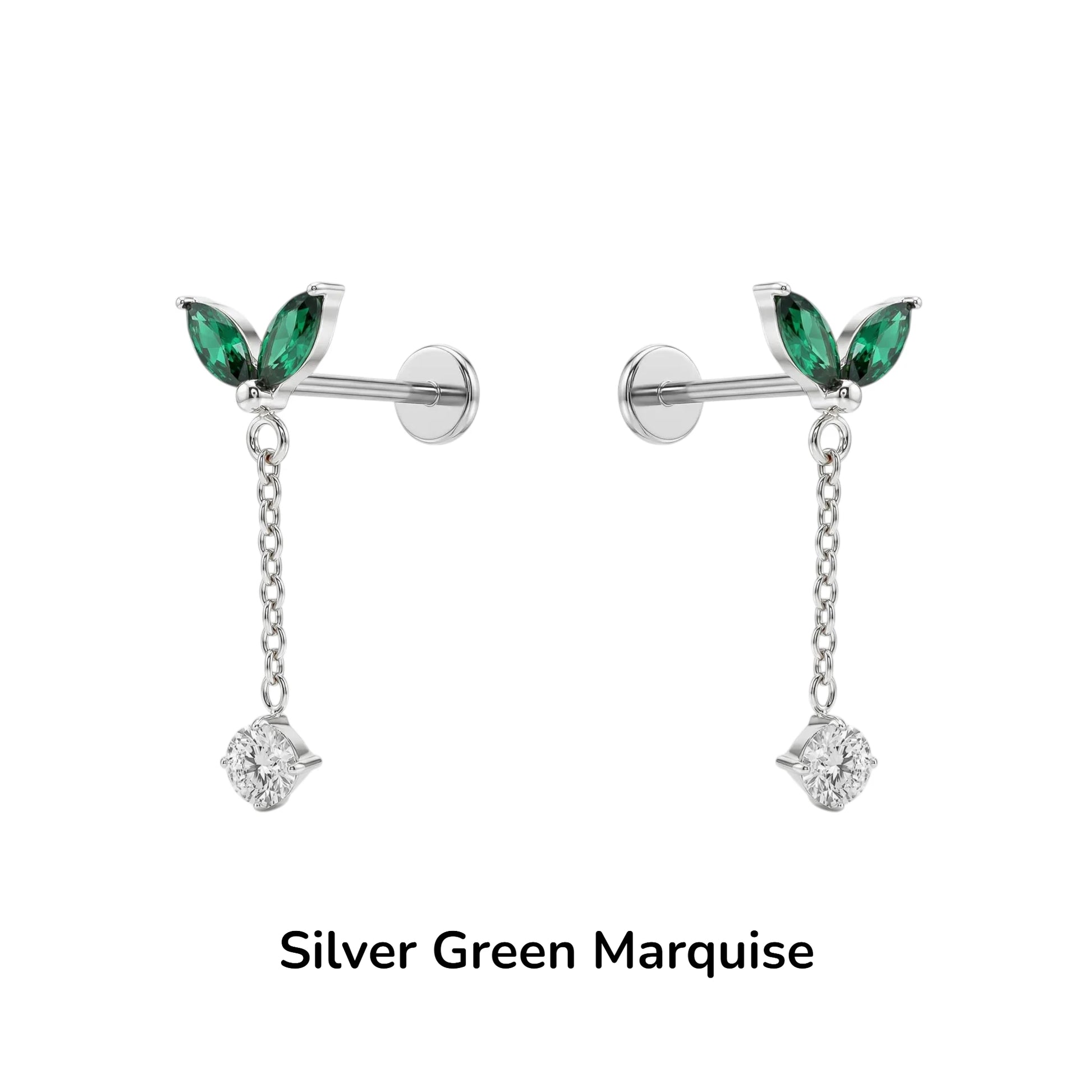 titanium flat back earrings green  leaf like tops and silver chains on a white background