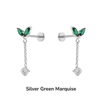 titanium flat back earrings green  leaf like tops and silver chains on a white background