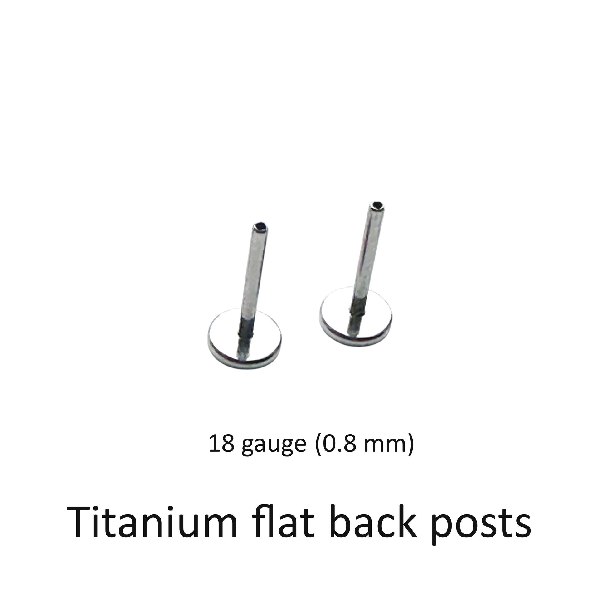 Two titanium flat back posts available in 8, 6, 8, 10 mm lengths on a white background with text indicating the material and size.