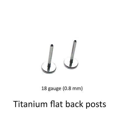 Two titanium flat back posts available in 8, 6, 8, 10 mm lengths on a white background with text indicating the material and size.
