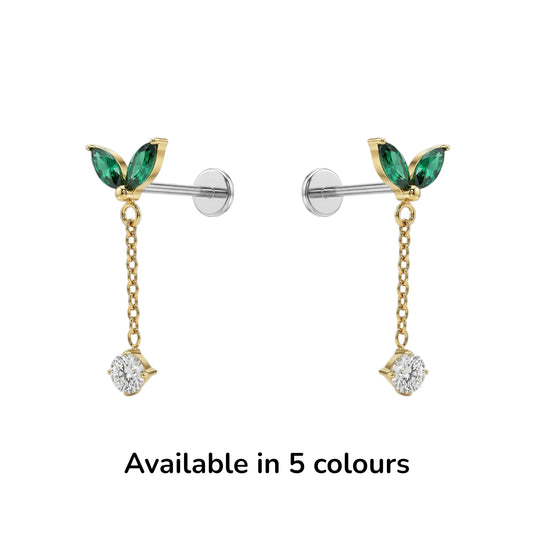 titanium flat back earrings with green leaf like tops and gold chains on a white background available in 5 colours