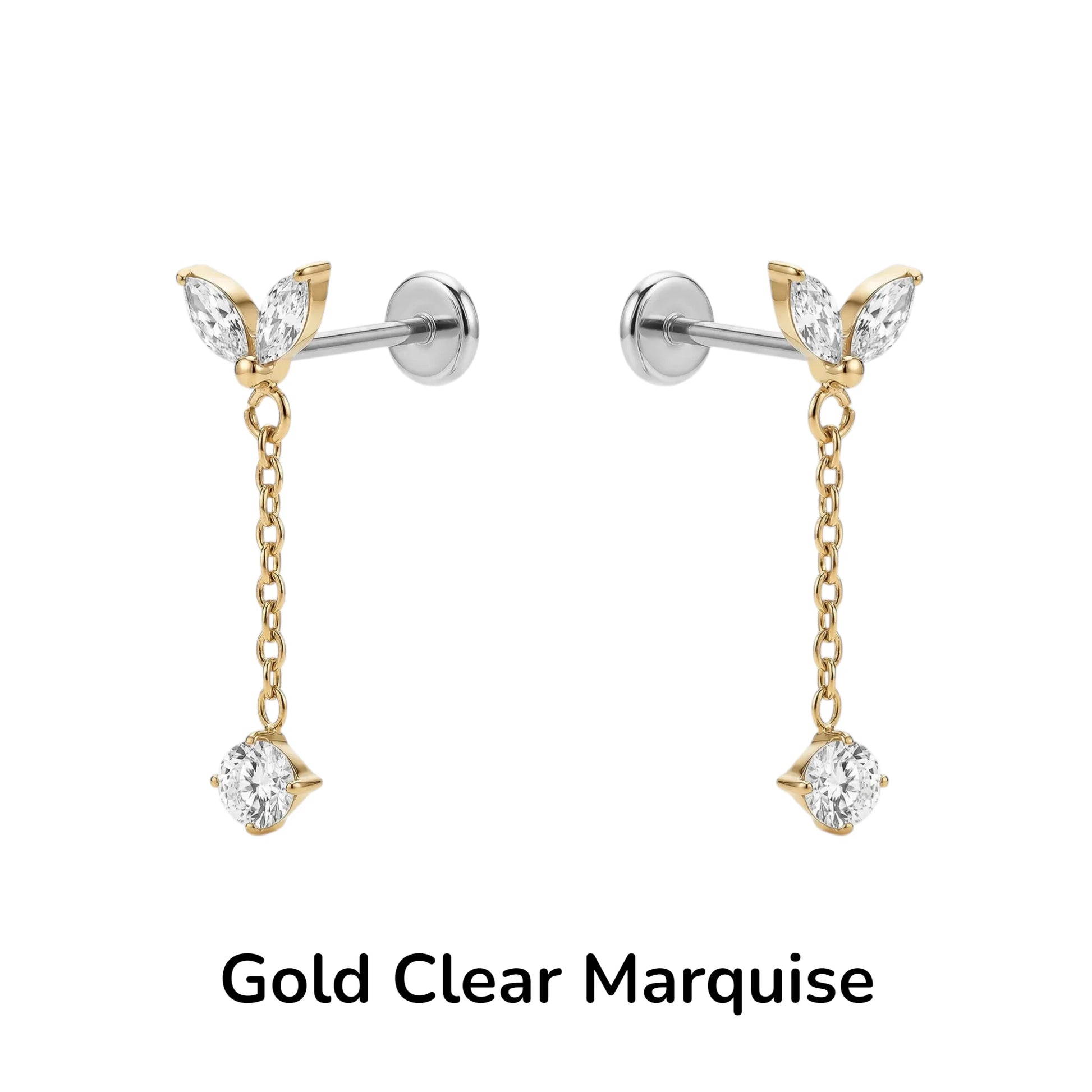 Titanium Gold and clear marquise-shaped flat back earrings on a white background
