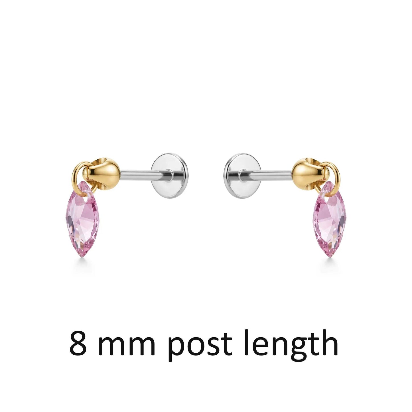 Hanging Marquise Pink flat back earrings gemstone 8 mm post length on a white background 