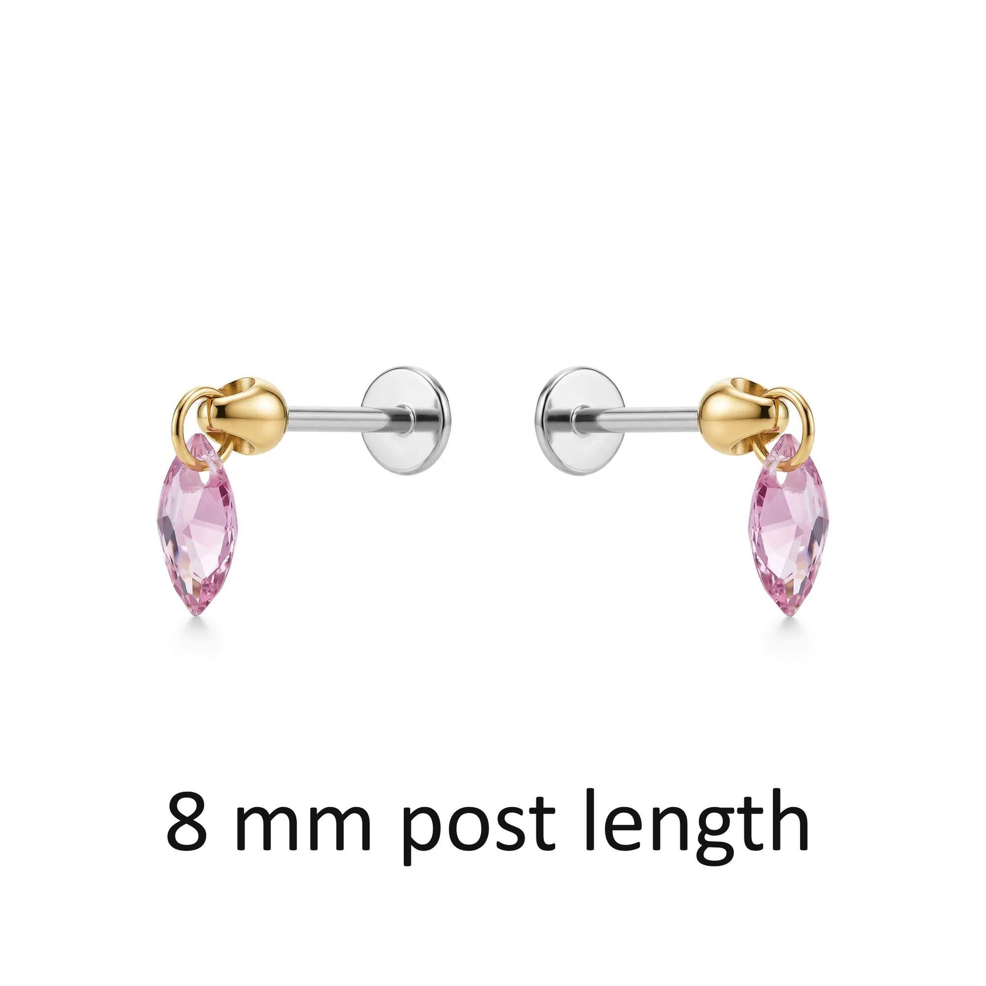 Hanging Marquise Pink flat back earrings gemstone 8 mm post length on a white background 