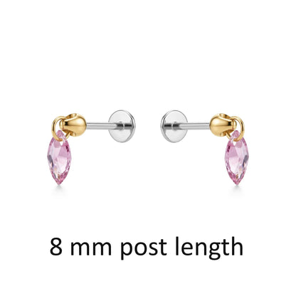 Hanging Marquise Pink flat back earrings gemstone 8 mm post length on a white background 