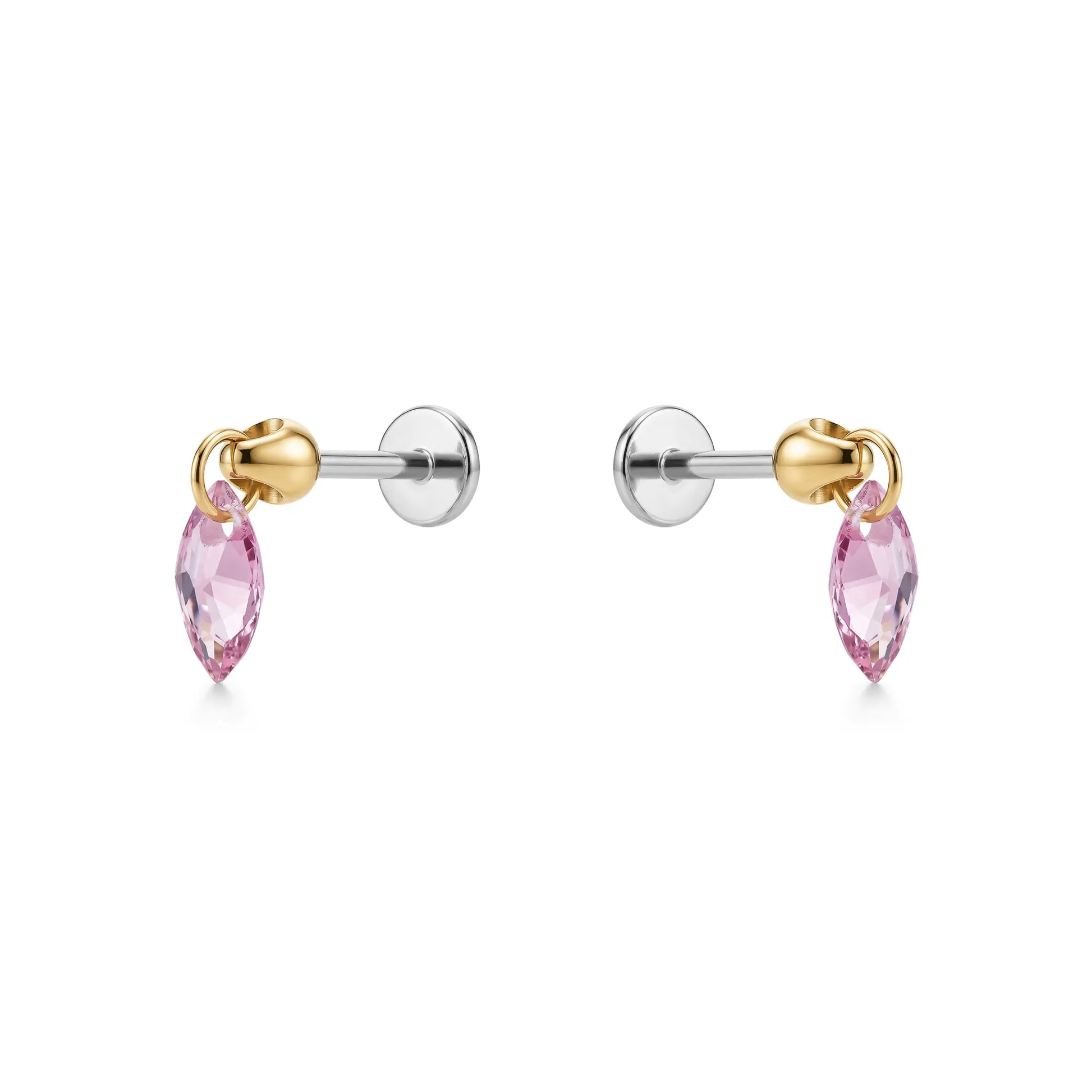 Hanging Marquise Pink flat back earrings gemstone on a white background 