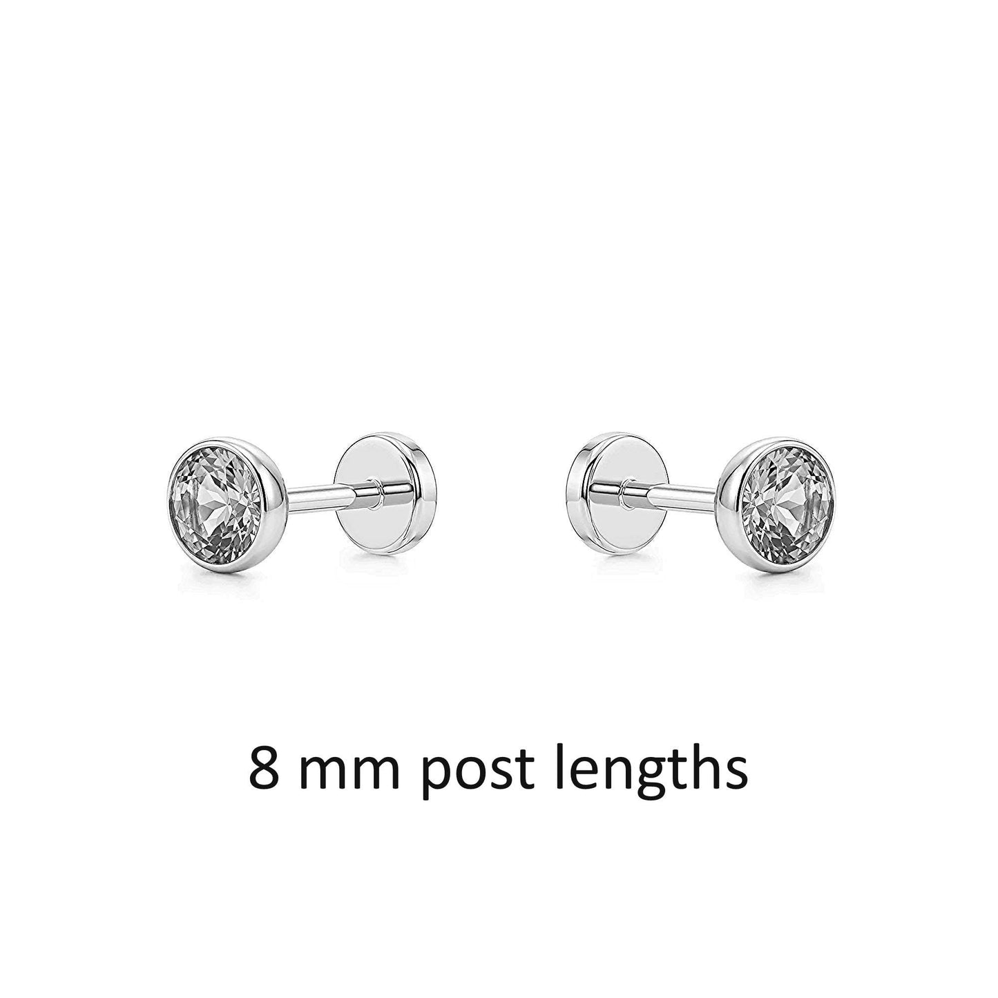 Pair of titanium stud earrings with clear gemstones on a white background, labeled '8 mm post lengths'.