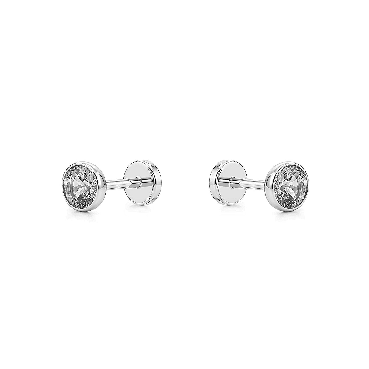 Pair of tianium flat back stud earrings with clear gemstones on a white background