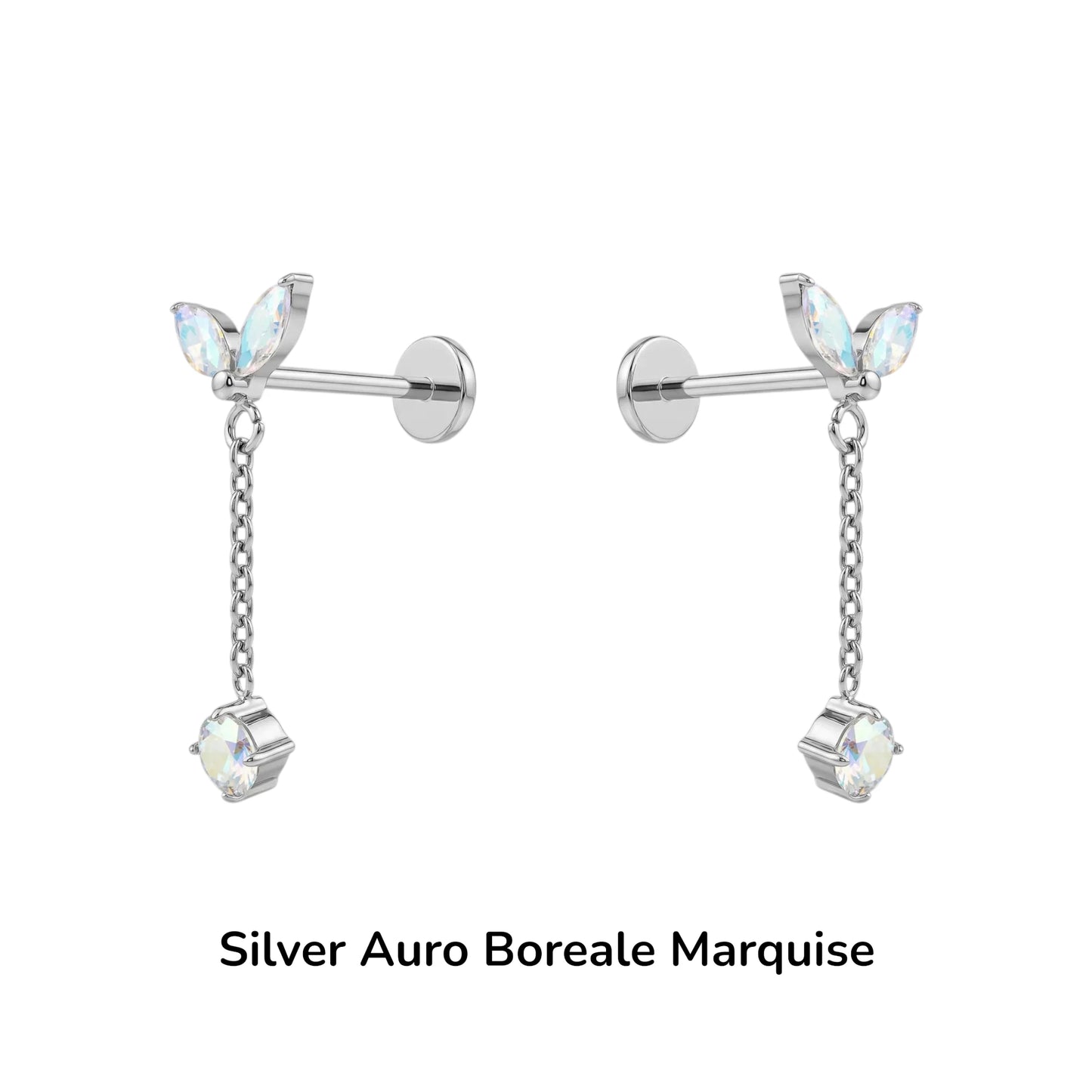 Titanium Auro Boreale Silver earrings with marquise-shaped gemstones on a white background
