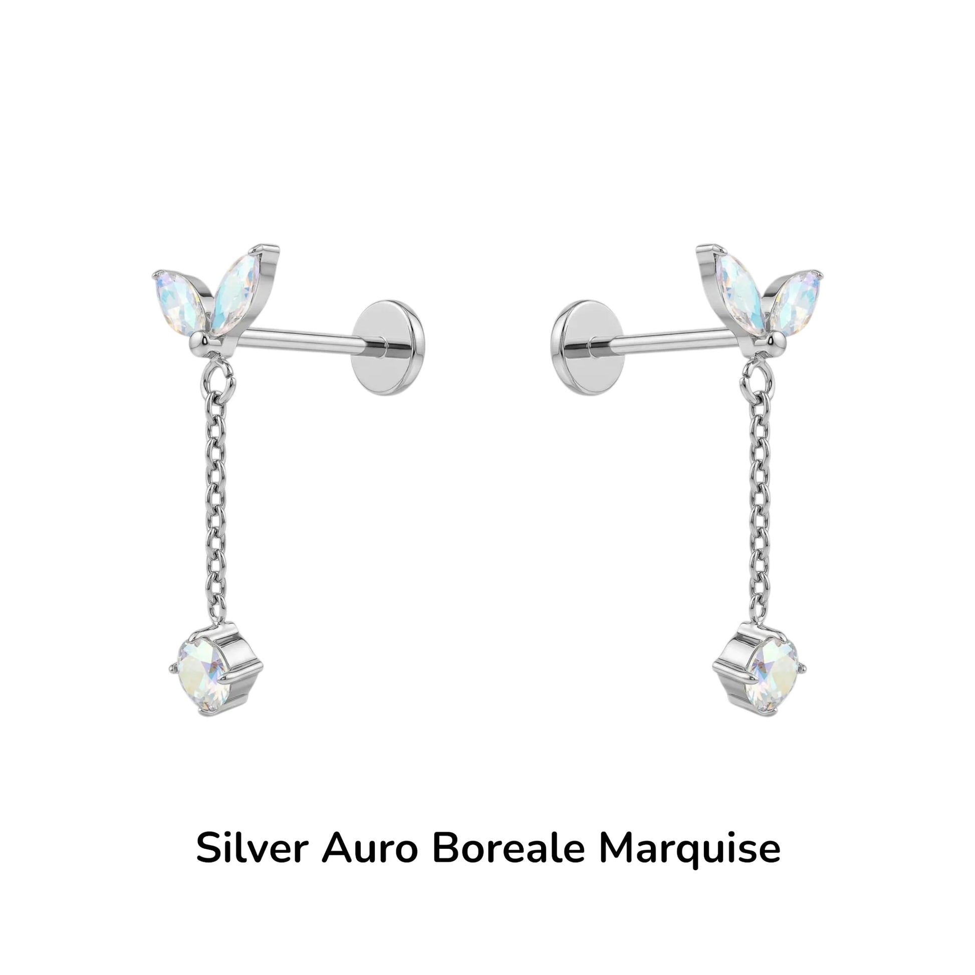 Titanium Auro Boreale Silver earrings with marquise-shaped gemstones on a white background