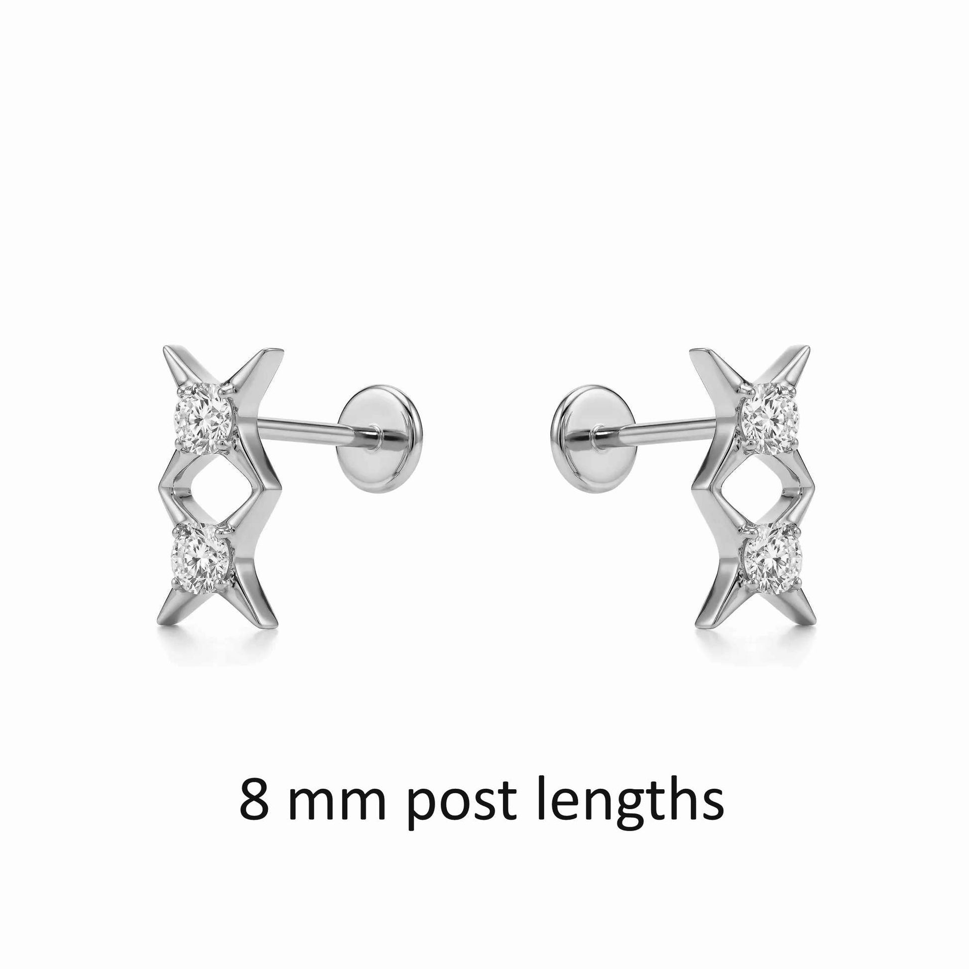 Pair of titanium earrings with star-shaped design 8 mm post lengths on a white background