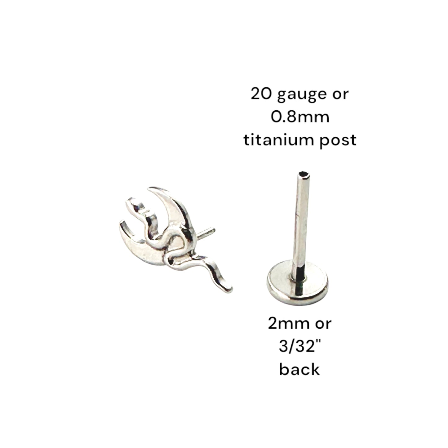 Titanium moon snake flatback threadless stud 20 gauge
