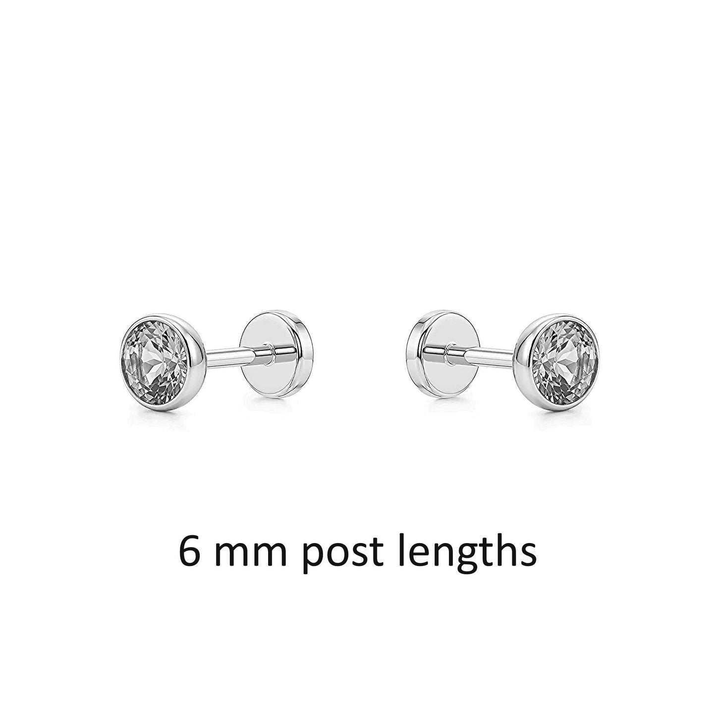 Pair of titanium stud earrings with clear gemstones on a white background, labeled '6 mm post lengths'.