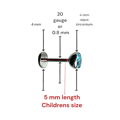 Aqua titanium 4 mm zirconium flatback  stud 5 mm childerns length 