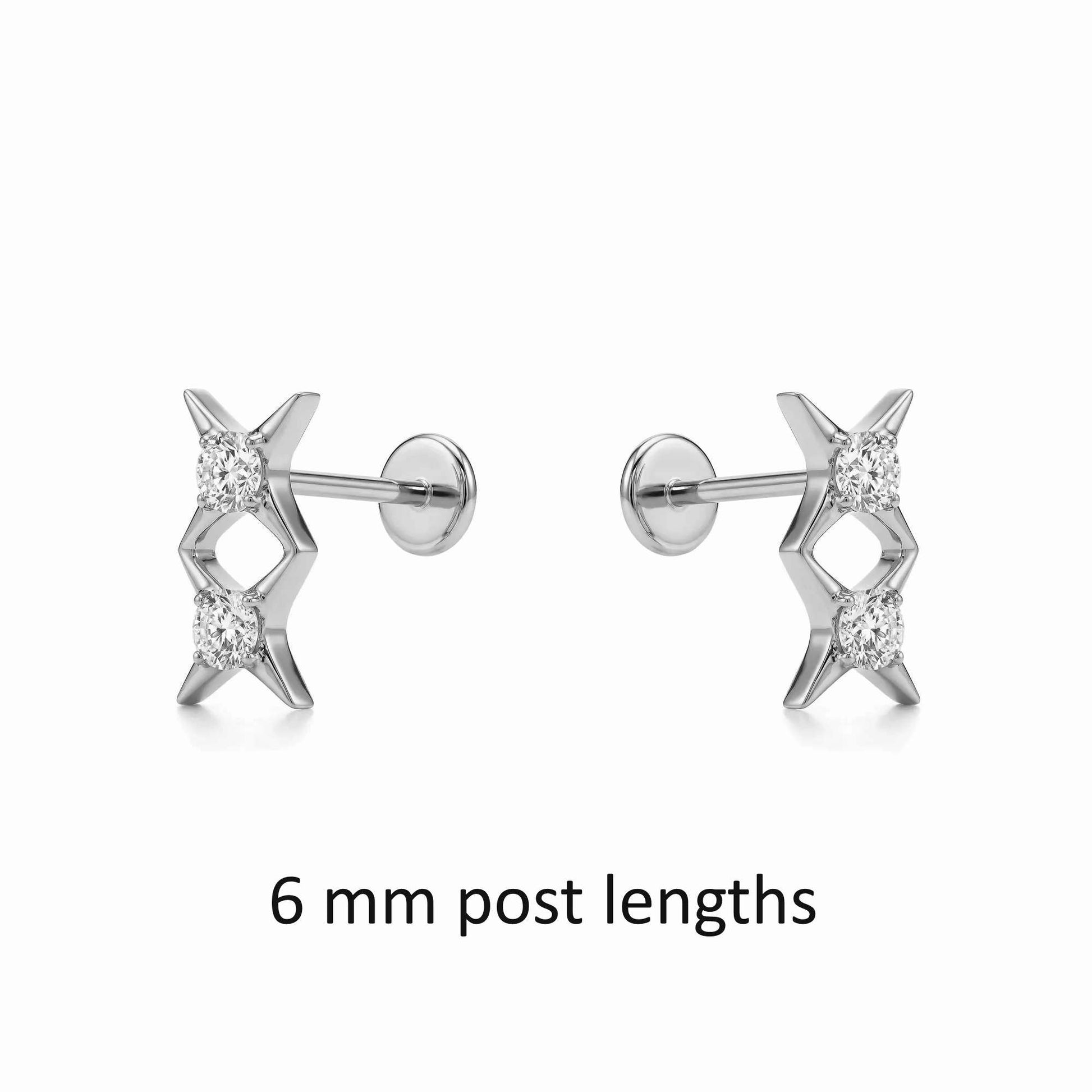 Pair of titanium earrings with star-shaped design 6 mm post lengths on a white background