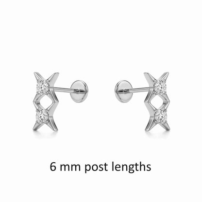 Pair of titanium earrings with star-shaped design 6 mm post lengths on a white background