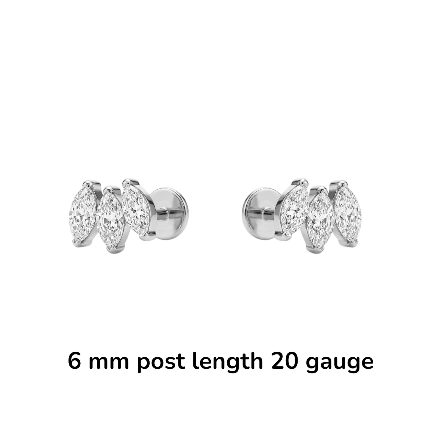 Titanium triple diamond gem flat back 6 mm post length stud on a white background