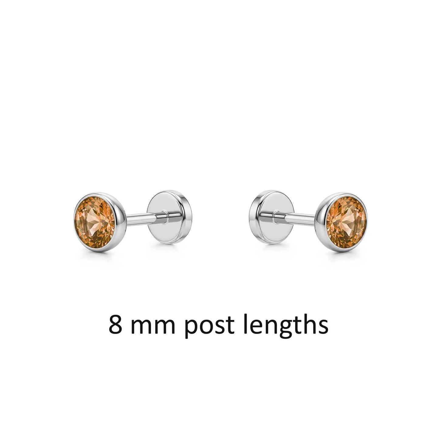Pair of titanium earrings with Champagne gemstones 8 mm post lengths on a white background