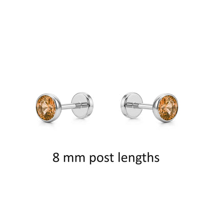 Pair of titanium earrings with Champagne gemstones 8 mm post lengths on a white background