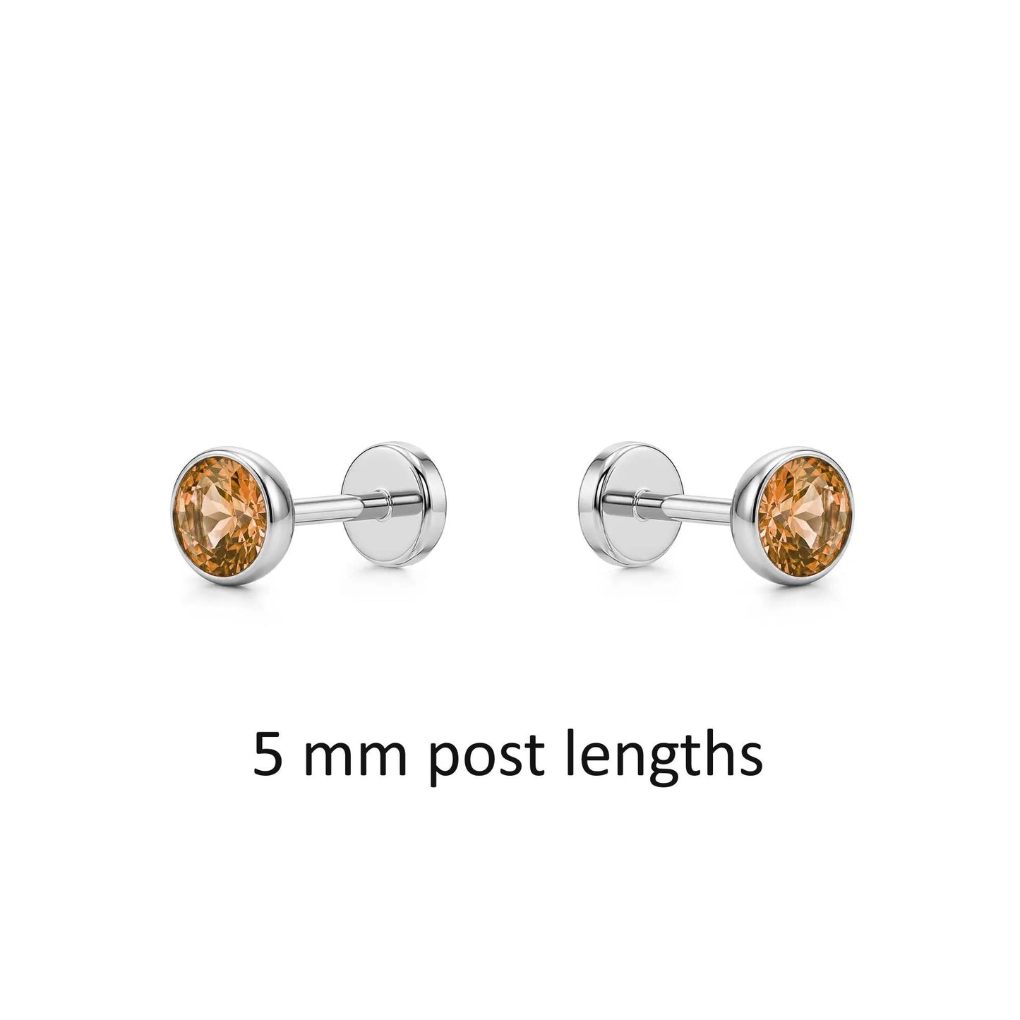 Pair of titanium earrings with Champagne gemstones 5 mm post lengths on a white background