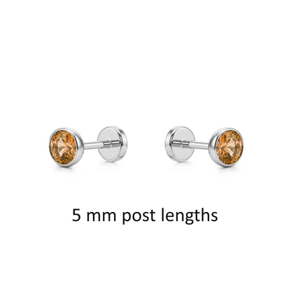 Pair of titanium earrings with Champagne gemstones 5 mm post lengths on a white background