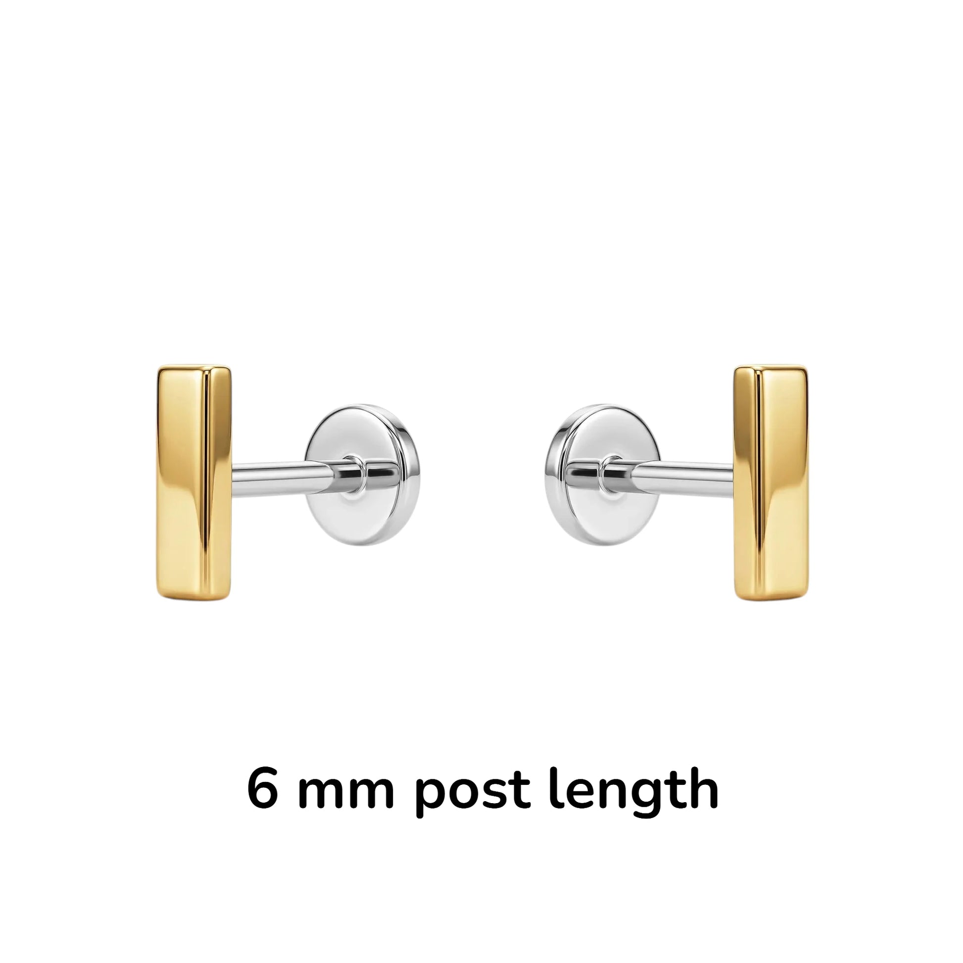 Gold flat back push in earrings with 6 mm post length on a white background