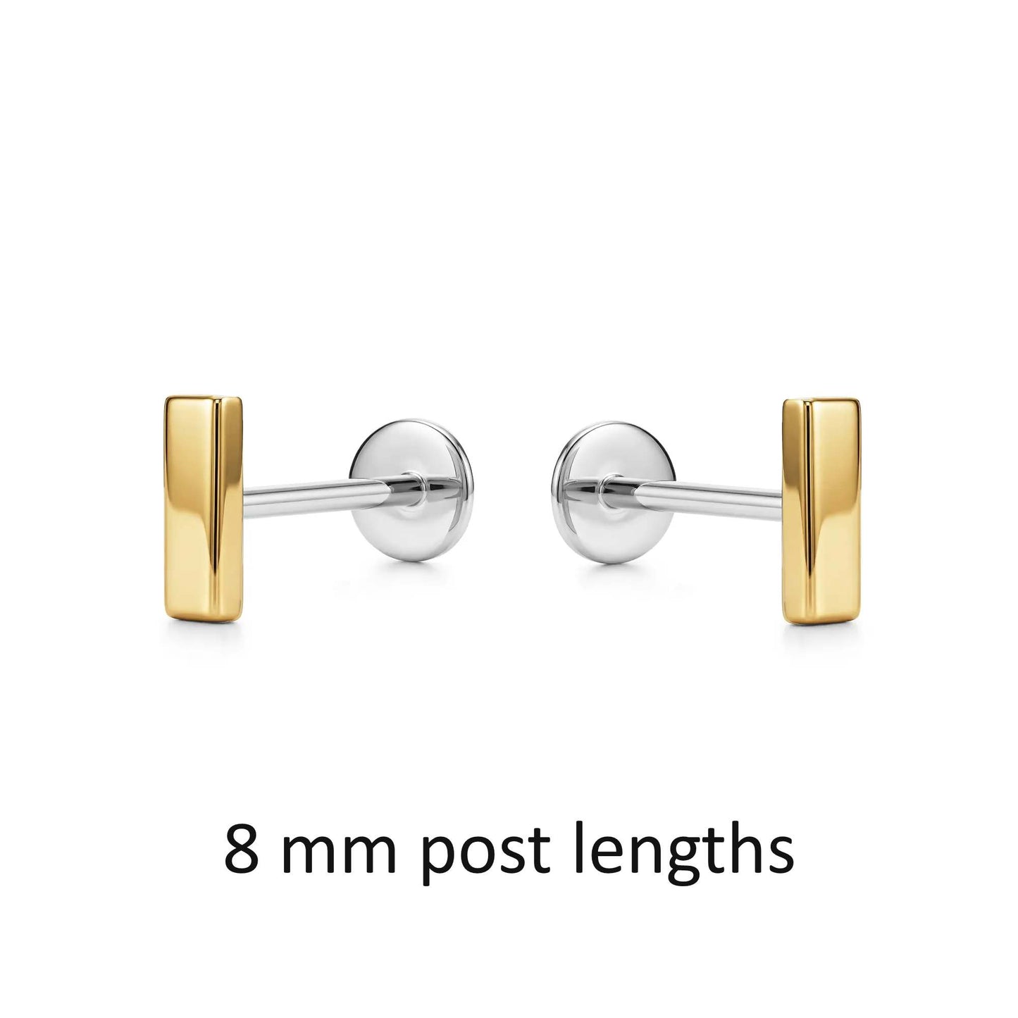 Gold flat back push in earrings with 8 mm post length on a white background