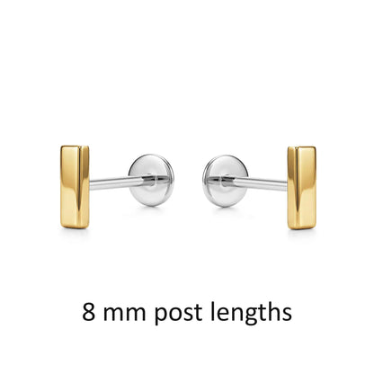 Gold flat back push in earrings with 8 mm post length on a white background