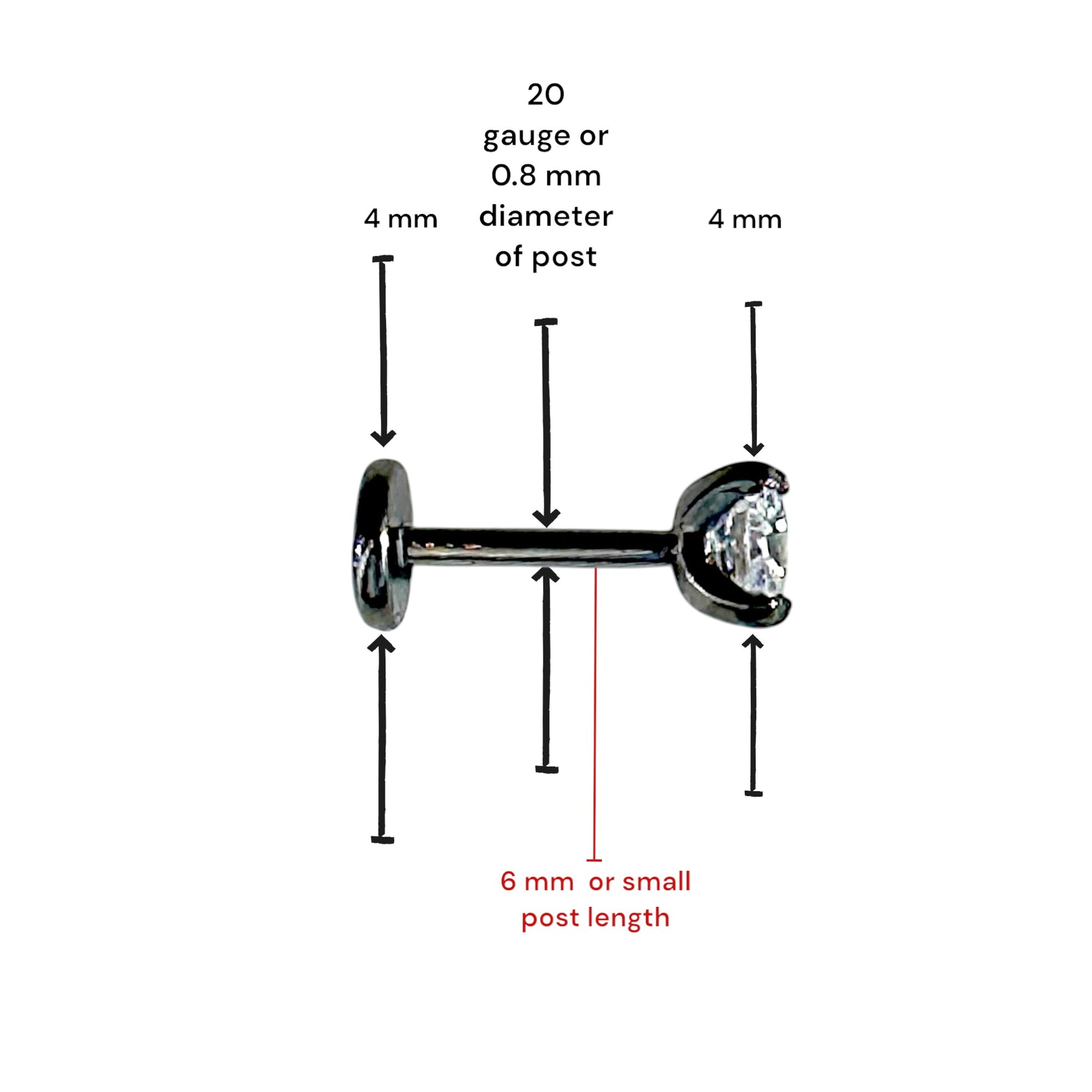 Titanium gem flat back stud 6 mm measured length on a white background