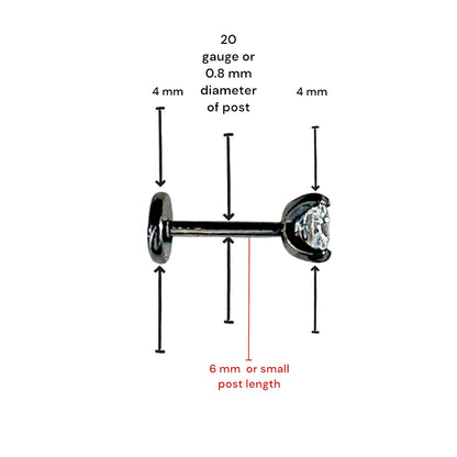 Titanium gem flat back stud 6 mm measured length on a white background