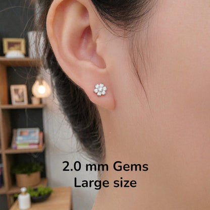 Close-up of an ear wearing a titanium flat back threadless large earring with text indicating 2.0mm gems large size
