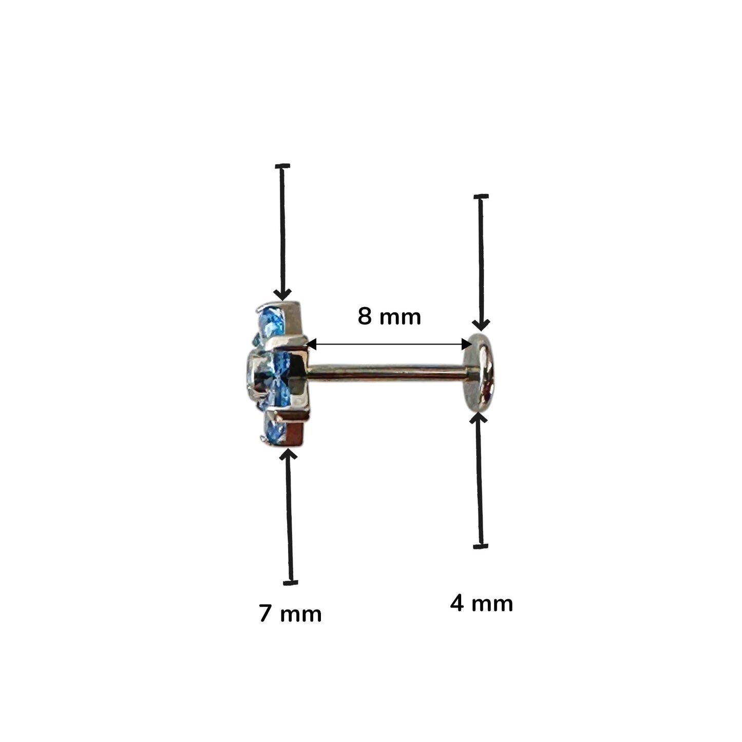 Titanium flat back floral earring with aqua blue gemstones on a white background-meassured-8mm