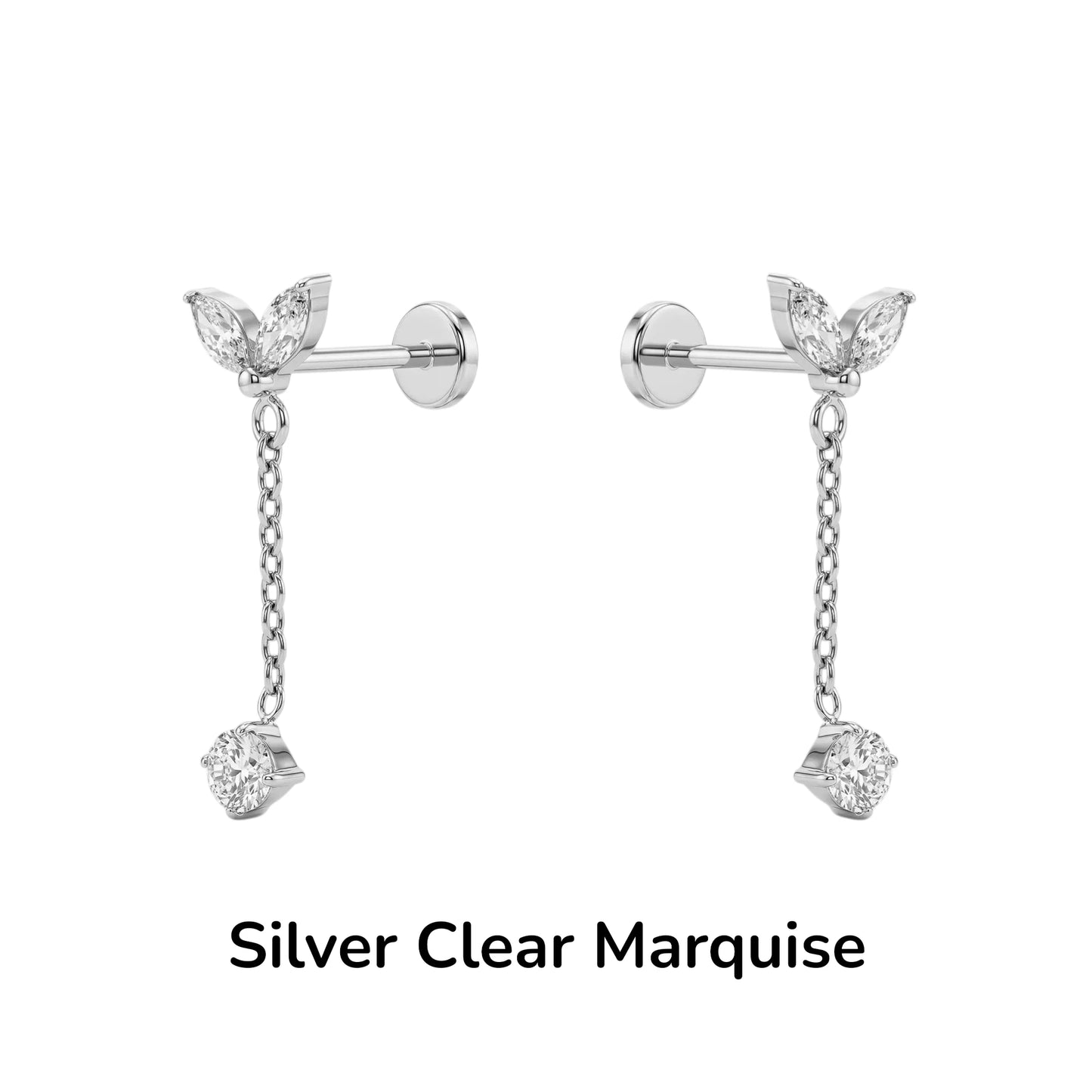 Titanium Silver earrings with clear marquise stones on a white background