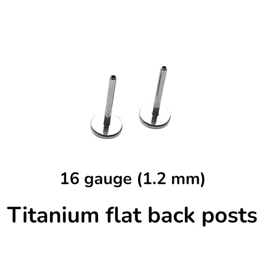 Two titanium flat back posts 16 gauge available in 8, 6, 8, 10 mm lengths on a white background with text indicating the material and size.