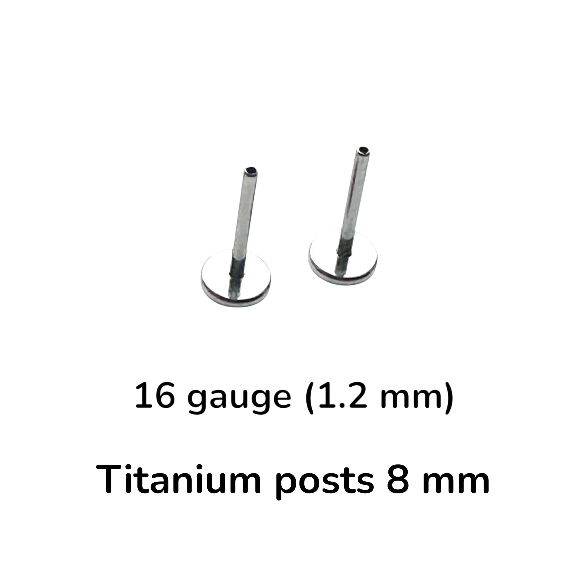 Two flat back push in posts on a white background with text reading '16 gauge (1.2 mm)' and 'Titanium posts 8 mm'.
