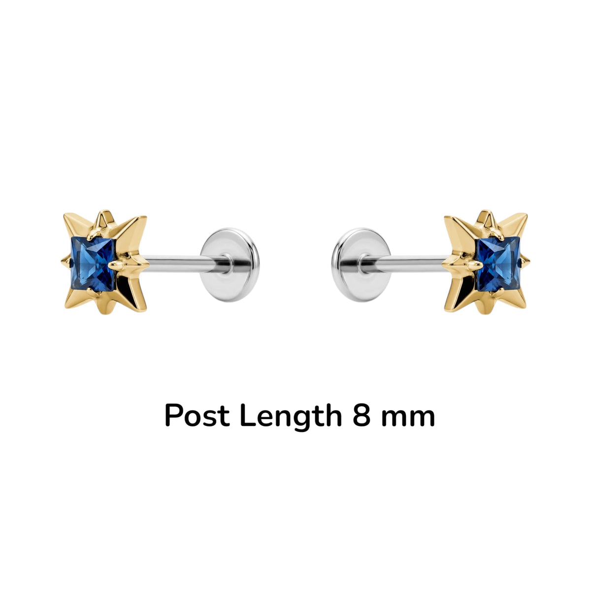 Titanium gold gem earring on a post 8 mm with a  white background