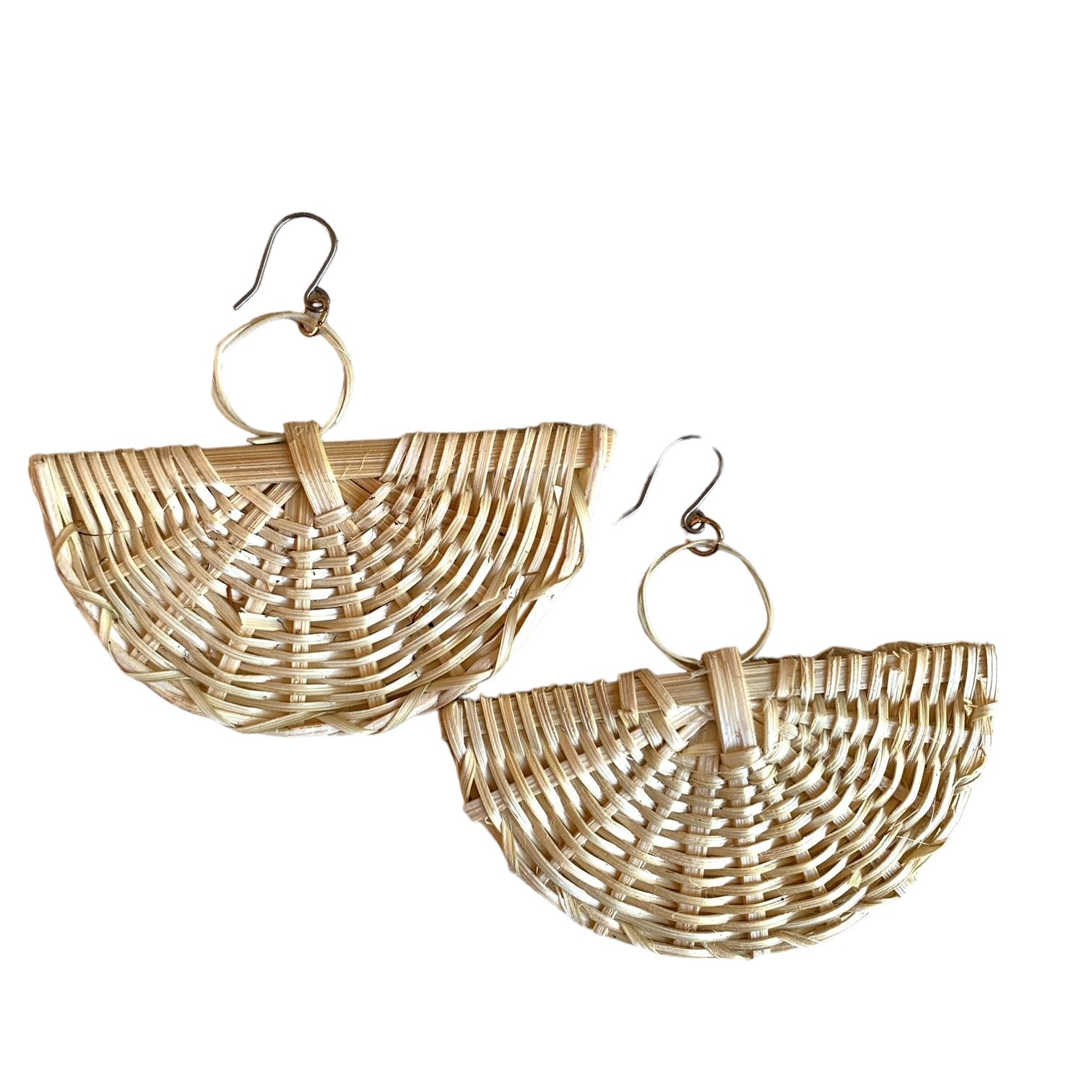 Fan bohemia style rattan earrings with a titanium hook on a white background