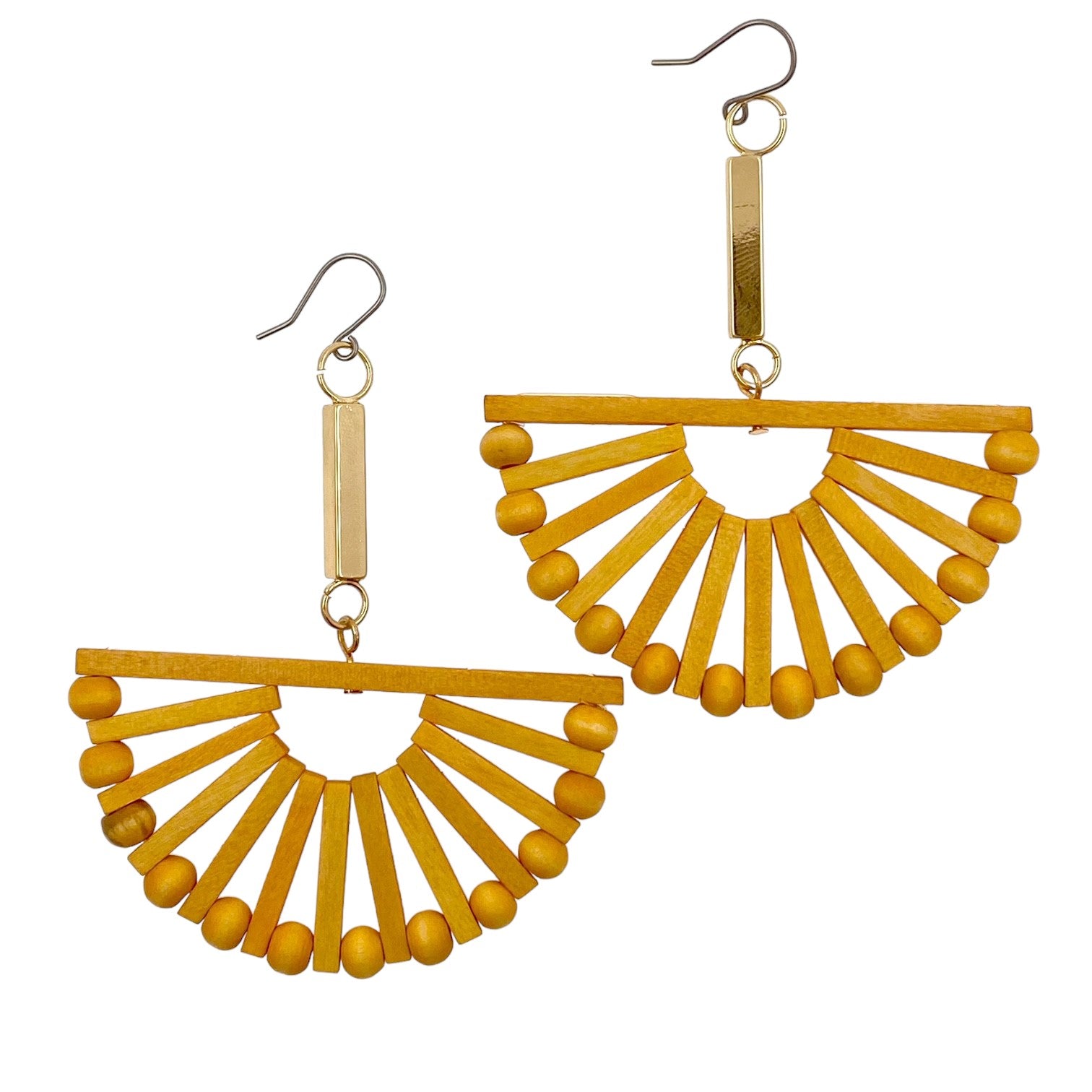 Fan bohemia style wood earrings with a titanium hook on a white background