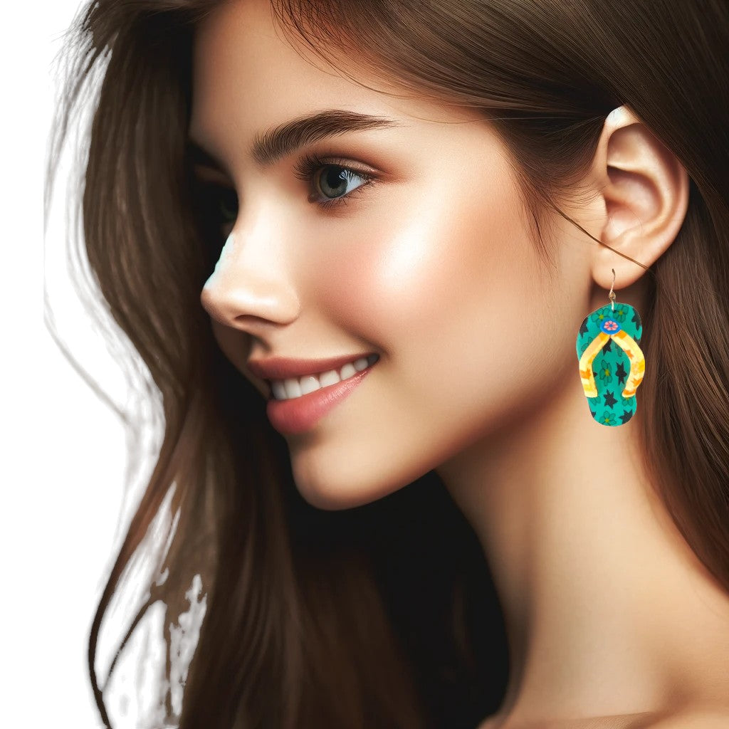 Flip flop earrings in green with a titanium hook on a white young woman.