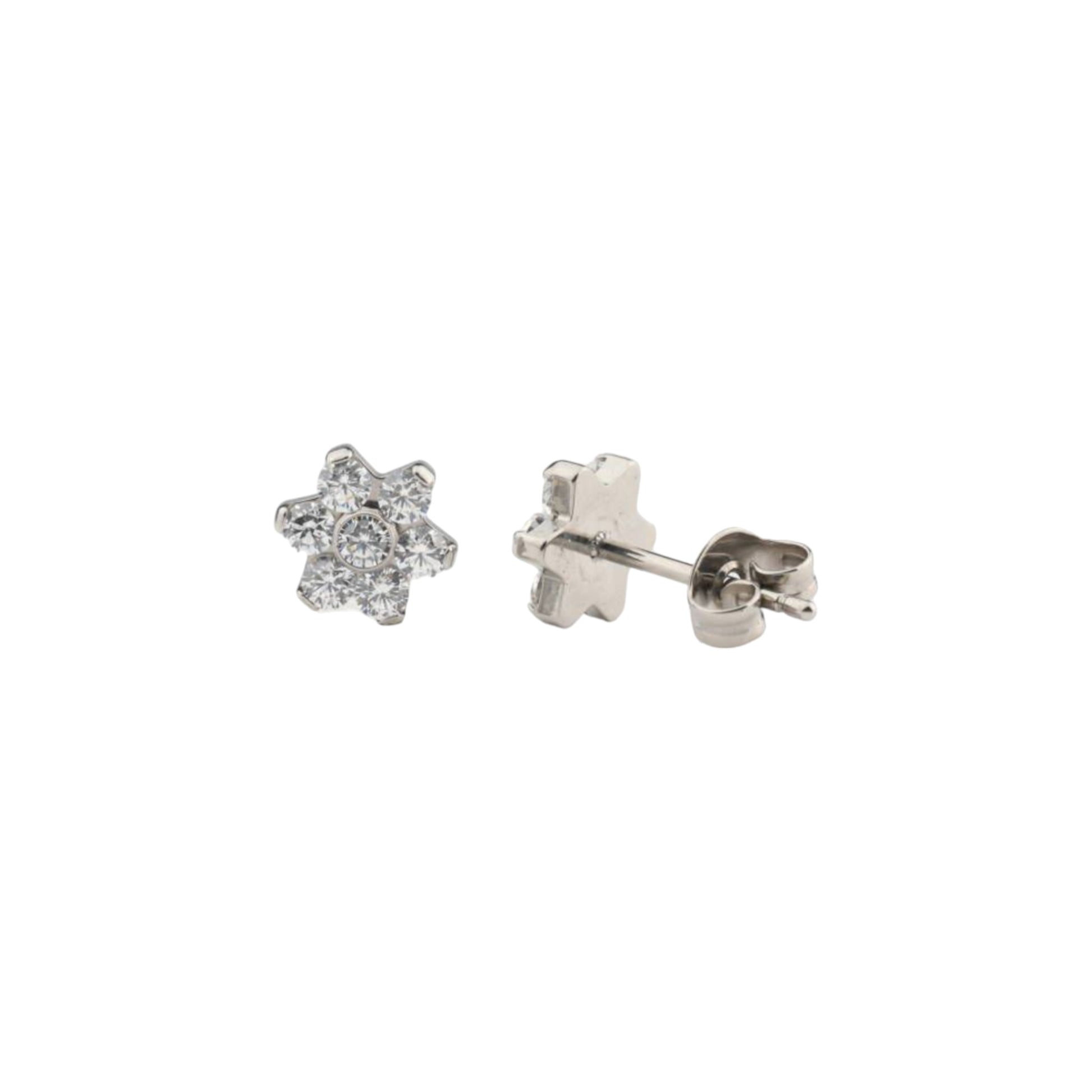 Flower ear studs with Gems. Titanium Studs 6mm standard fit. These minimal studs shown on a white background