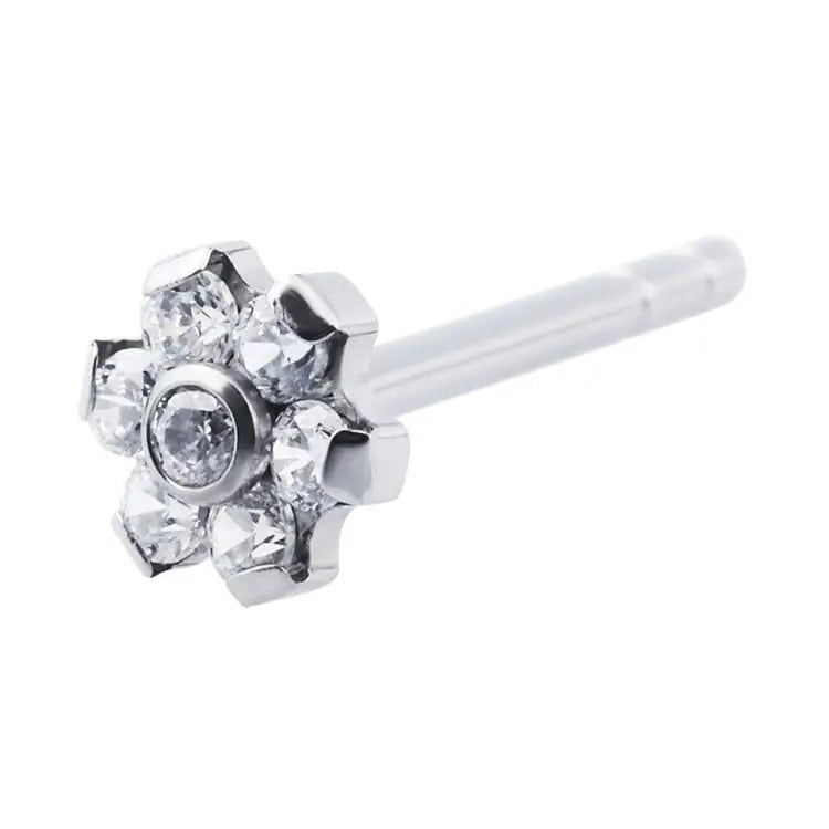 Flower ear studs with Gems. Titanium Studs adjustable fit. Minimal studs shown on a white background