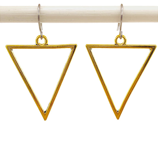 Geometric Gold Triangle earrings and a titanium hook on a white background