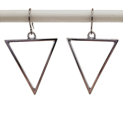 Geometric Silver Triangle earrings and a titanium hook on a white background